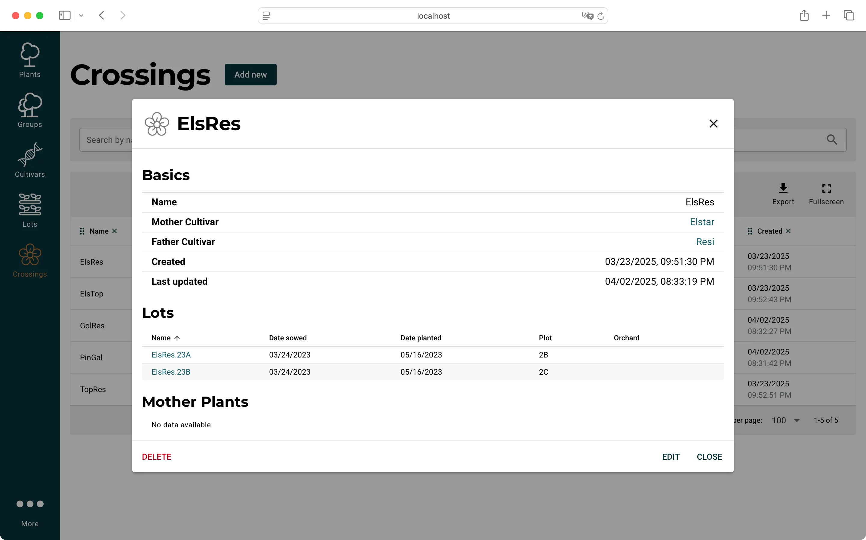 Screenshot of BreedersDB: Crossings
